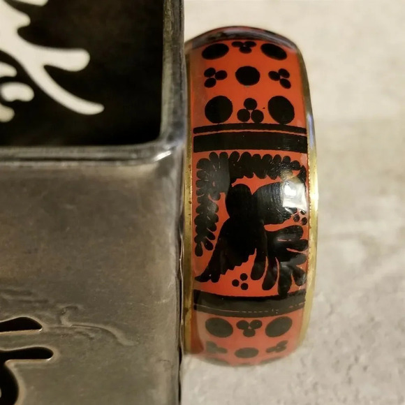 India Brass Bangle Bracelet with Black Orange Red Peace Dove Olive Branch Design - Picture 3 of 6